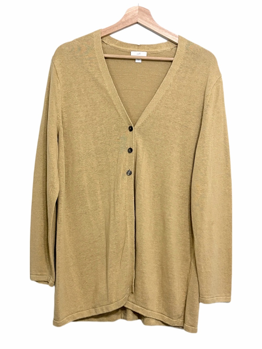 J Jill Linen Blend V-Neck Cardigan Sweater Button Front Long Sleeve Tan Large